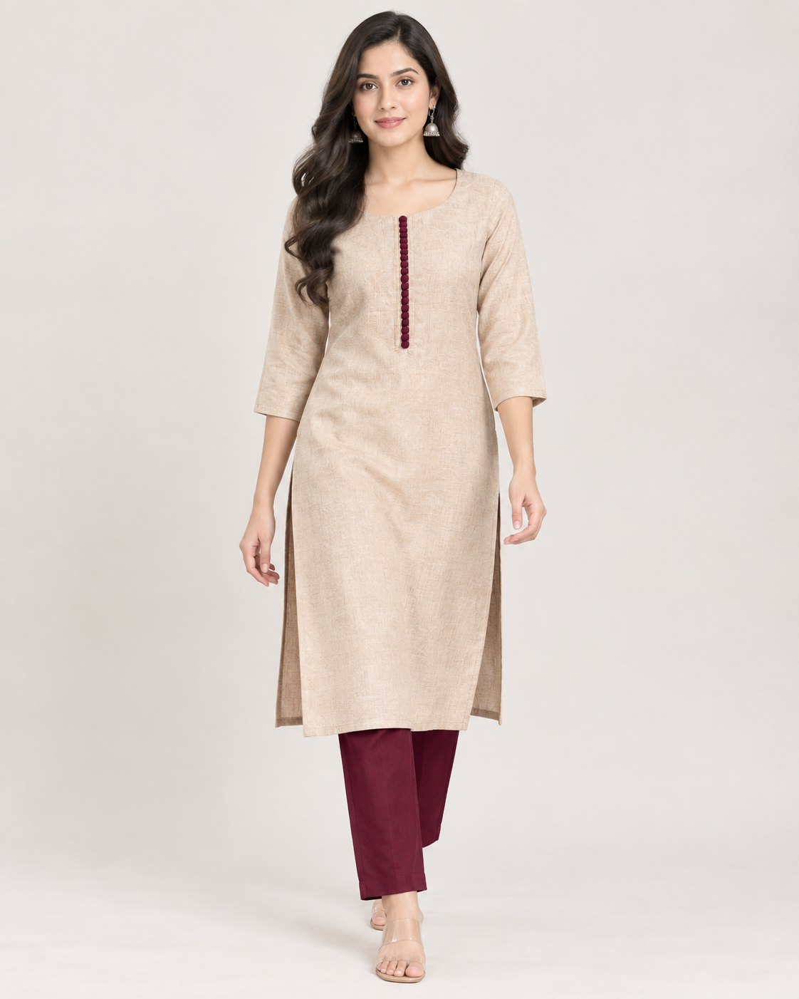Beige Straight Kurti Set with Maroon Pant