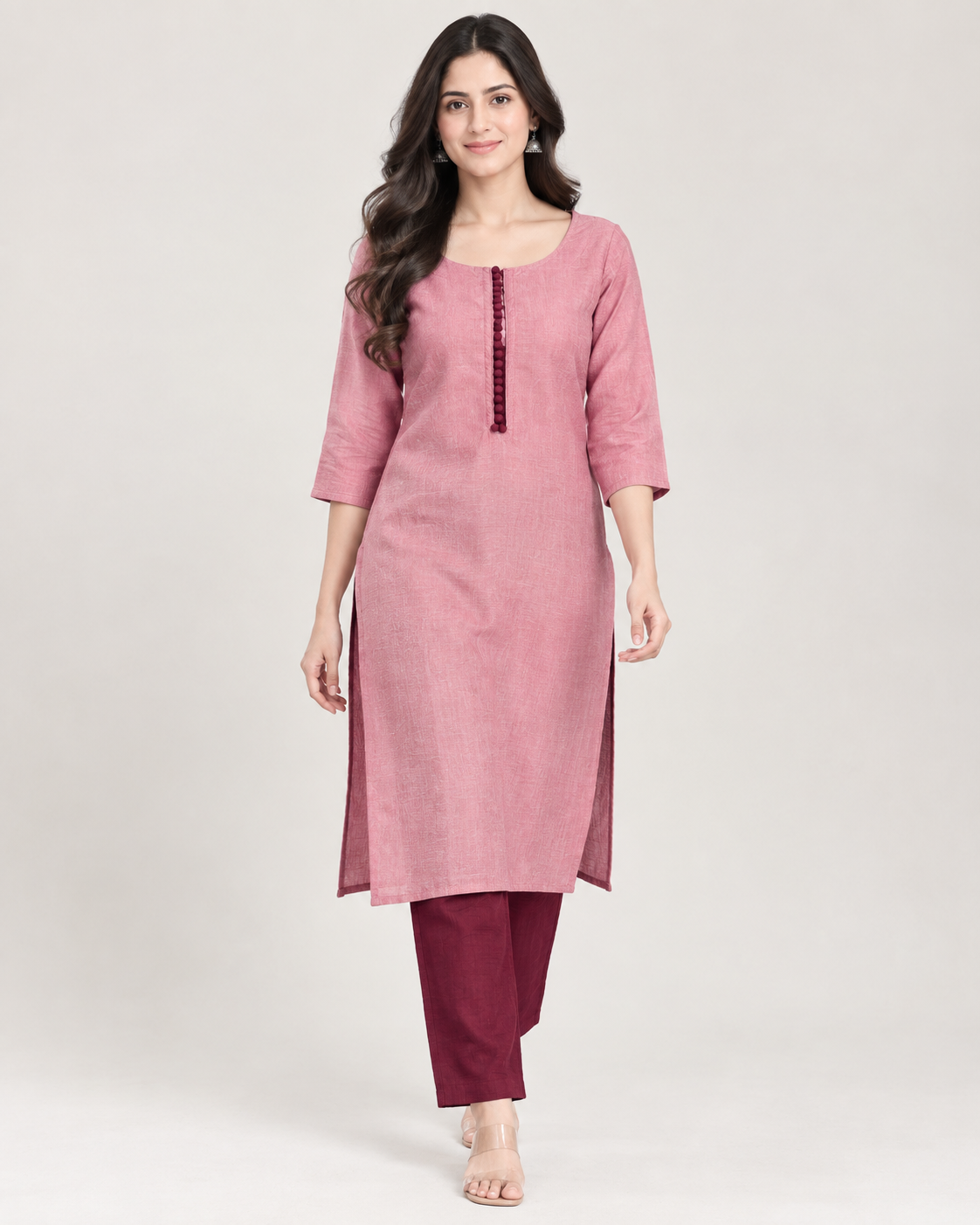 Rose Pink Straight Kurti Set with Maroon Pant