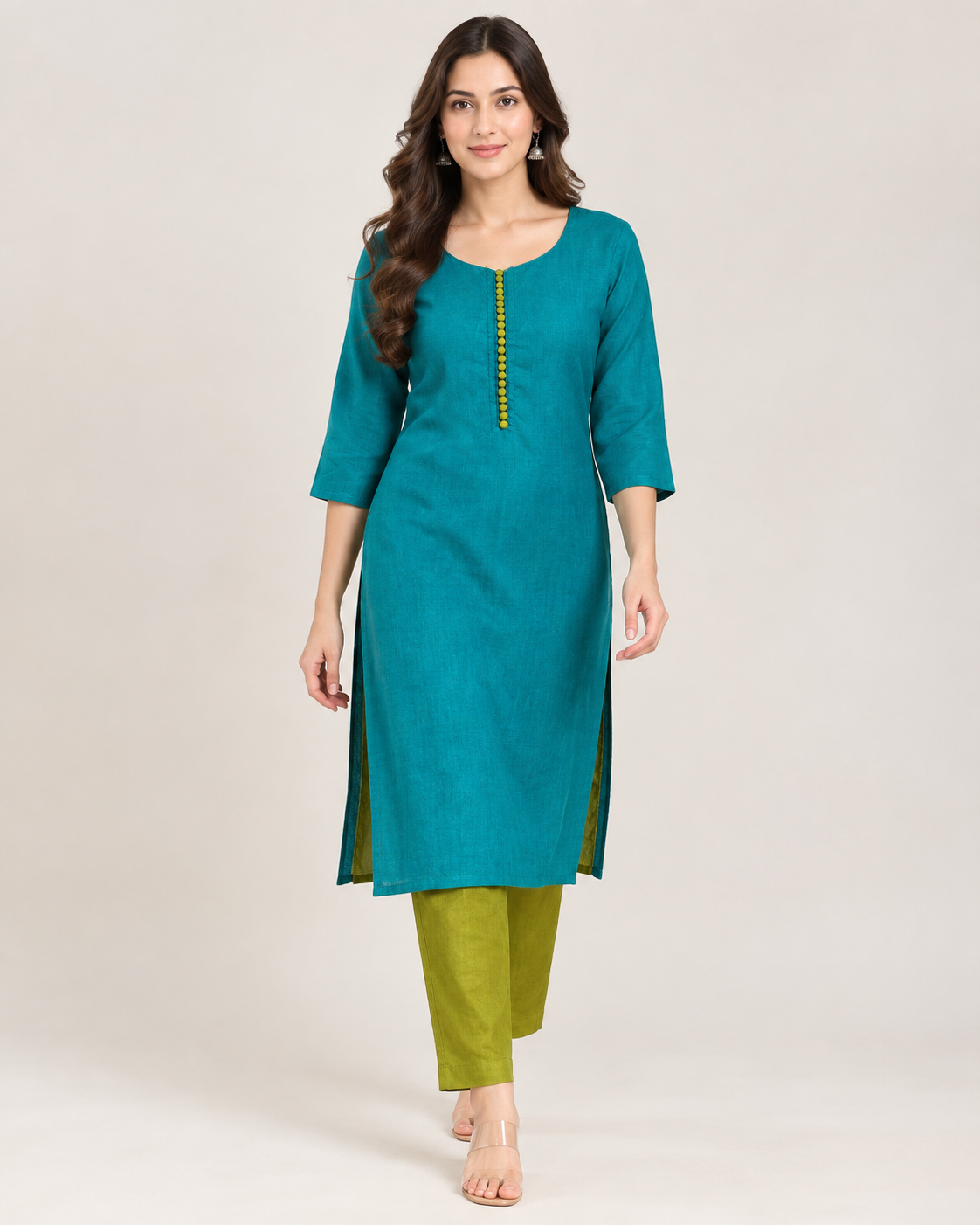 Teal Blue Straight Kurti Set with Green Pant