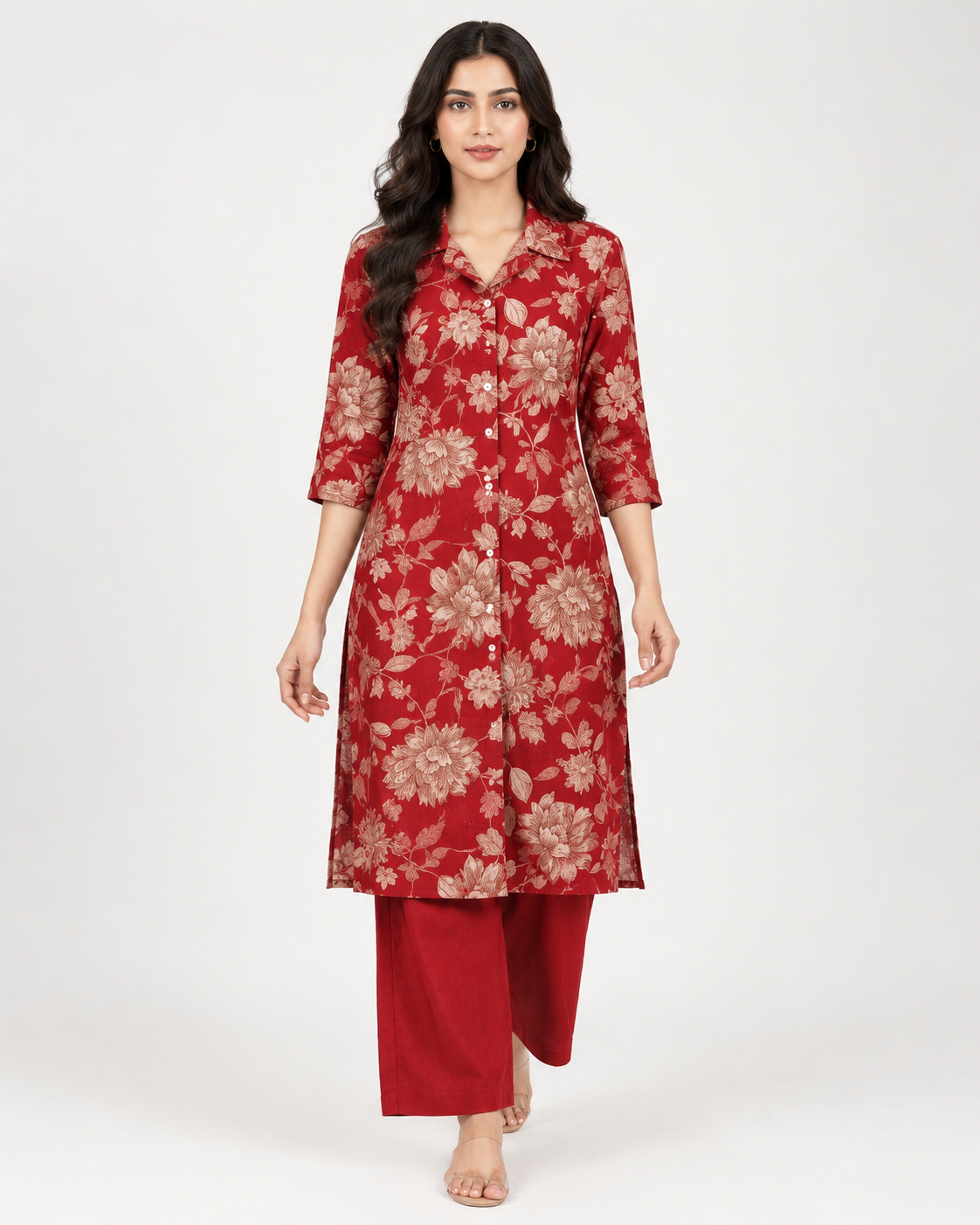 Red Floral Printed Collared Kurti with Solid Palazzo Pants Set