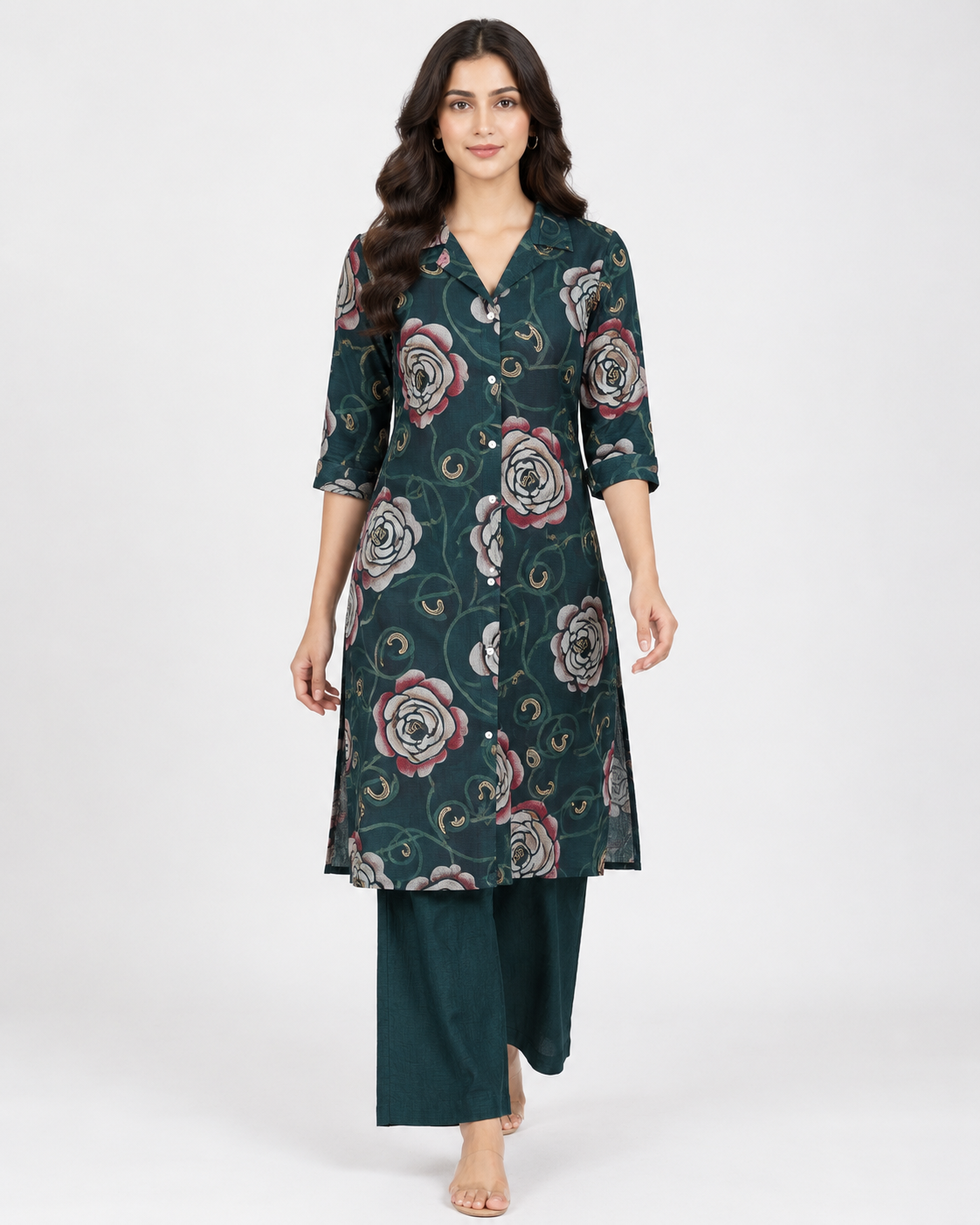 Teal Green Floral Printed Shirt Collar Kurti and Palazzo Pants Set