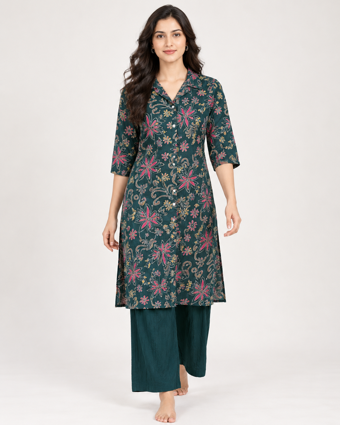 GREEN Floral Printed Collared Kurti with Solid Palazzo Pants Set