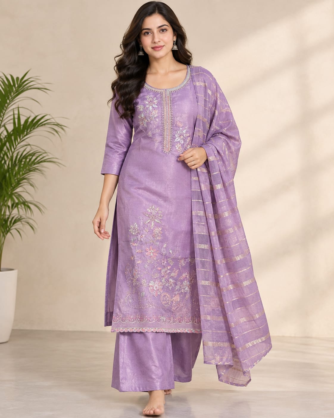 Lavender  Kurti Set with Floral Embroidery and Dupatta