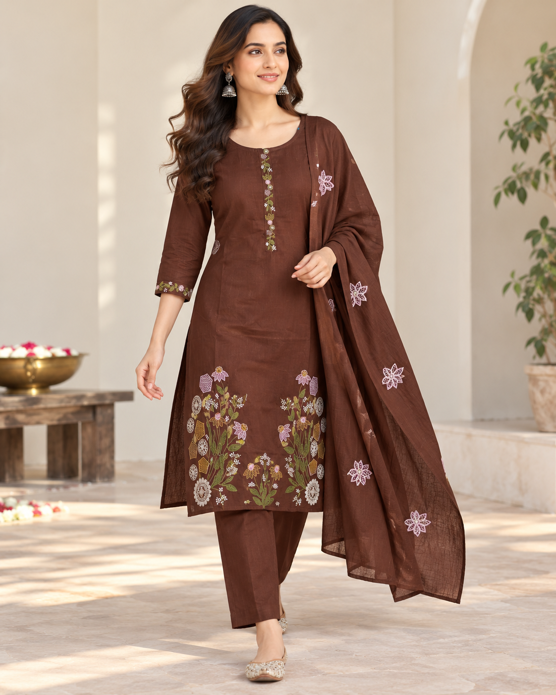 Chocolate Brown Kurti Set with Floral Embroidery With Dupatta