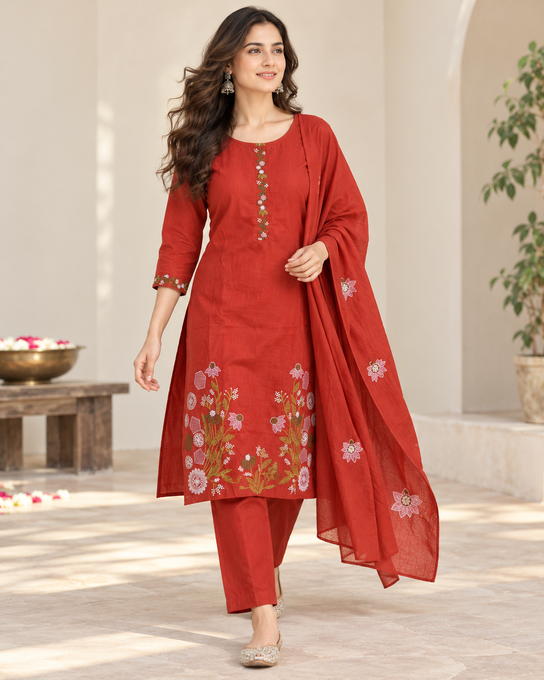 Rust Orange  Kurti Set with Floral Embroidery With Dupatta