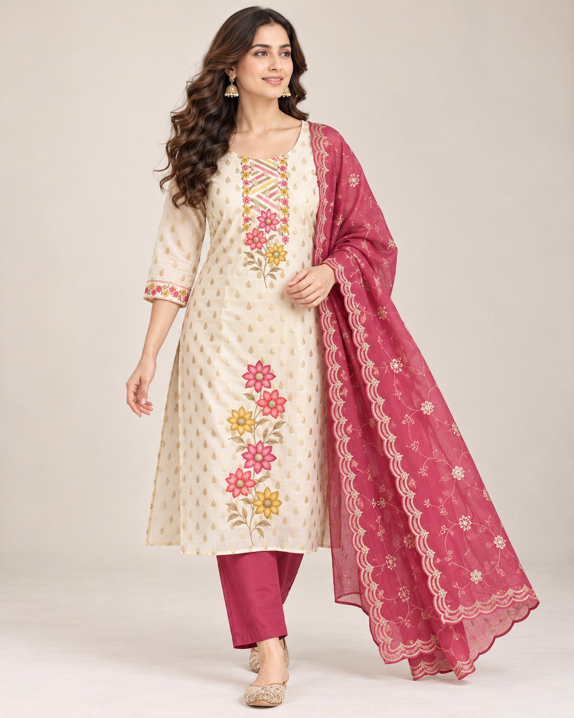 Kurti Set with Floral Embroidery With Dupatta