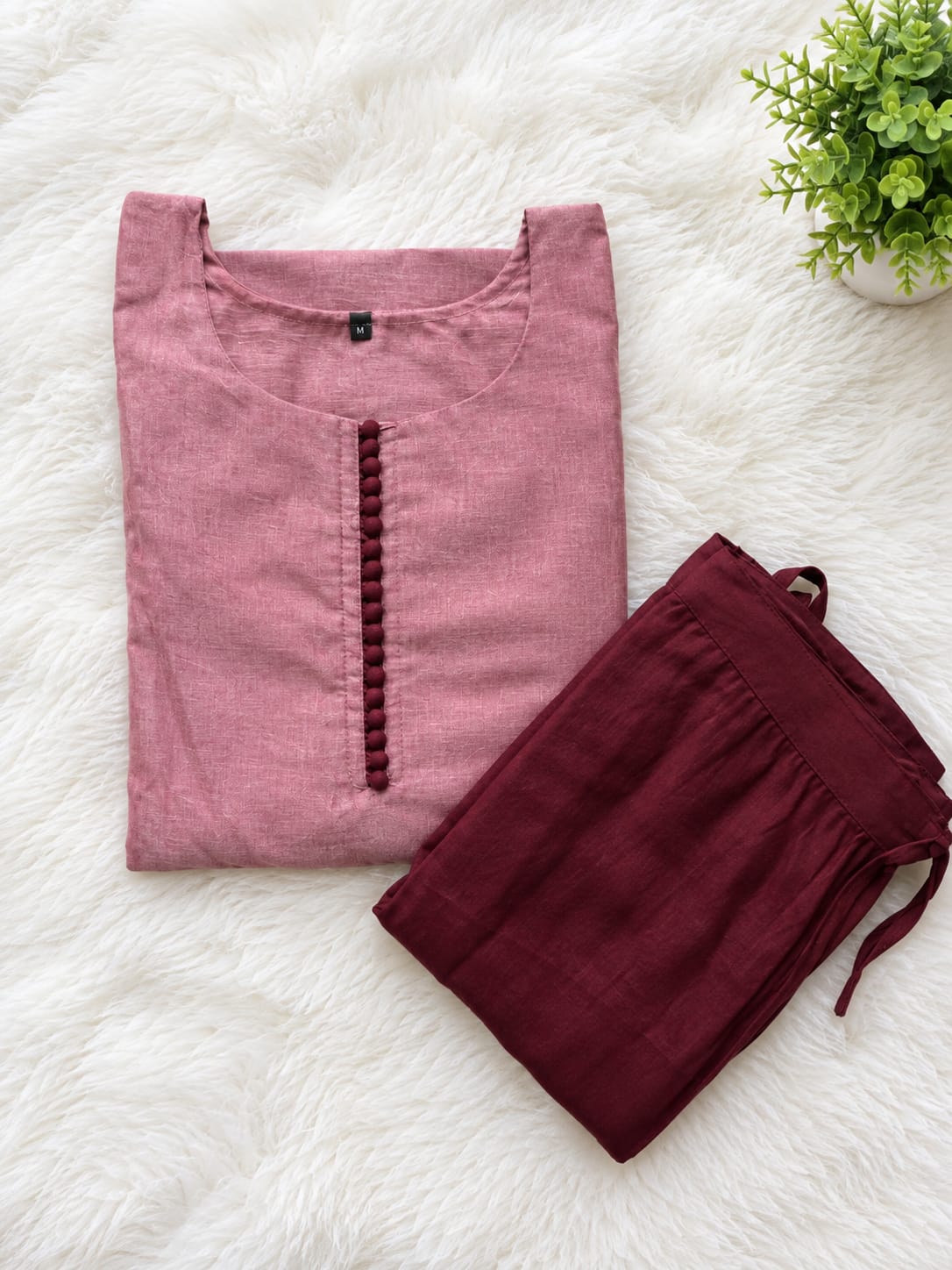 Rose Pink Straight Kurti Set with Maroon Pant - View 2