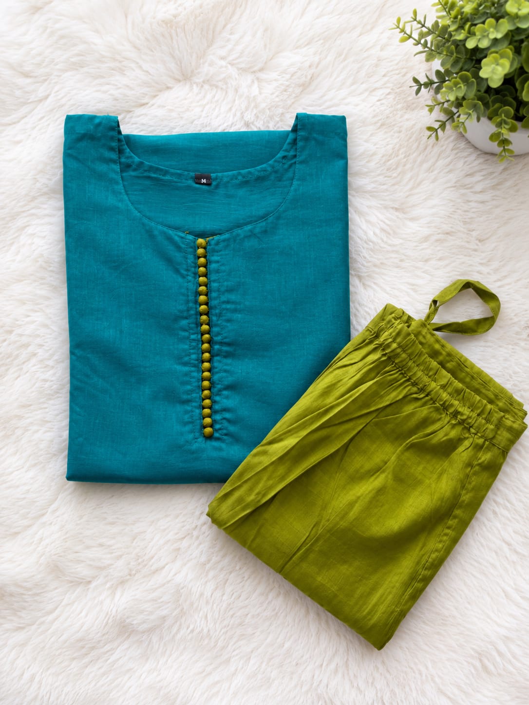 Teal Blue Straight Kurti Set with Green Pant - View 2