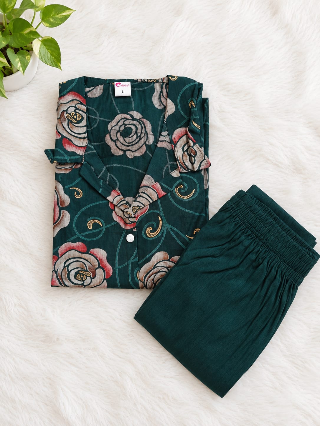 Teal Green Floral Printed Shirt Collar Kurti and Palazzo Pants Set - View 2