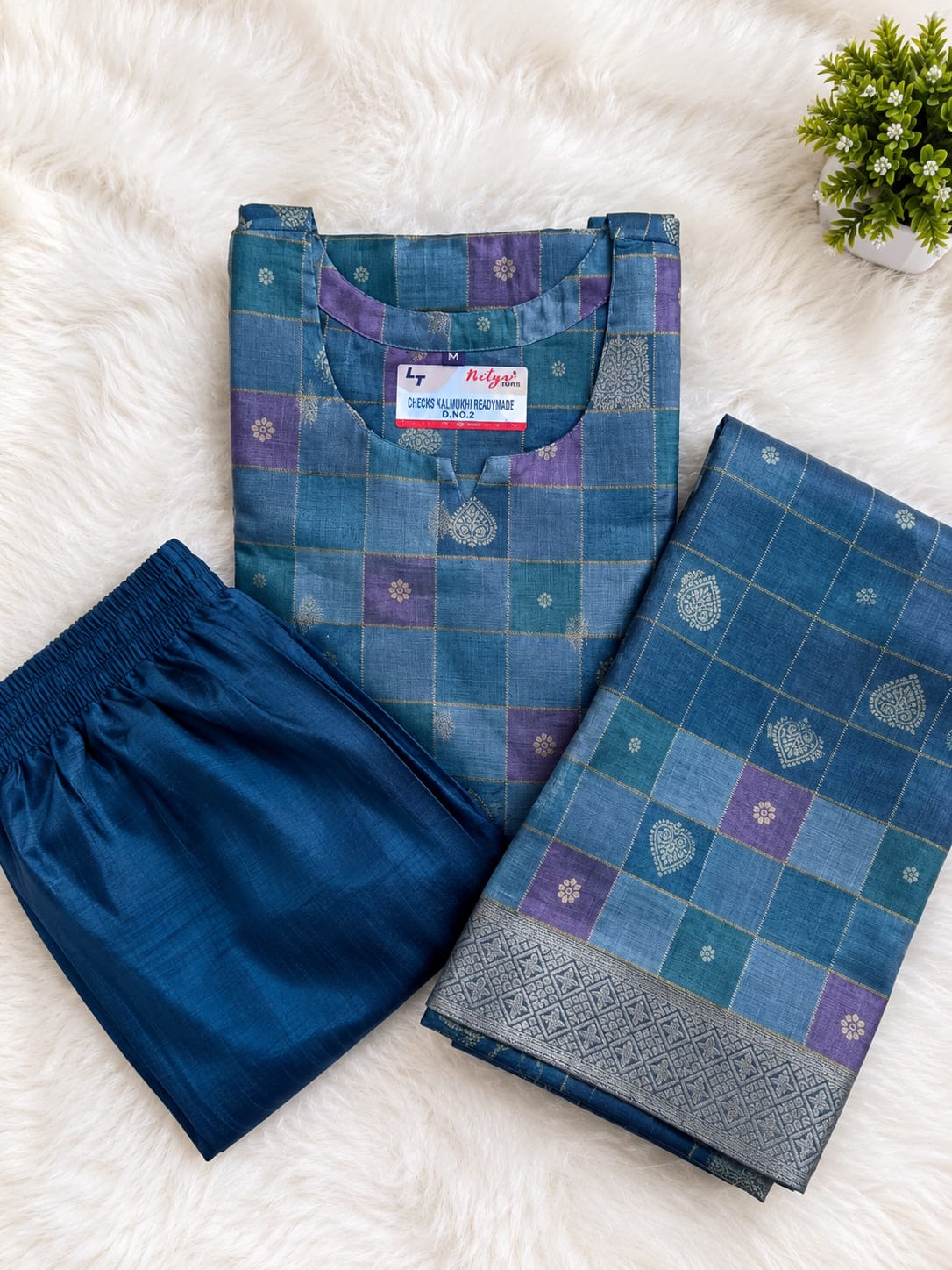 Blue Kurti Set with Dupatta - View 2