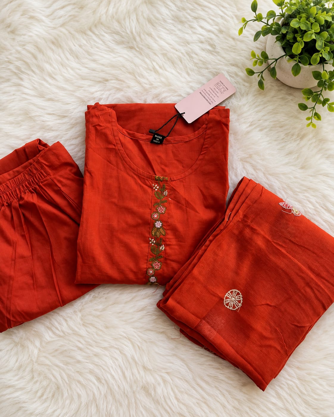 Rust Orange  Kurti Set with Floral Embroidery With Dupatta - View 2
