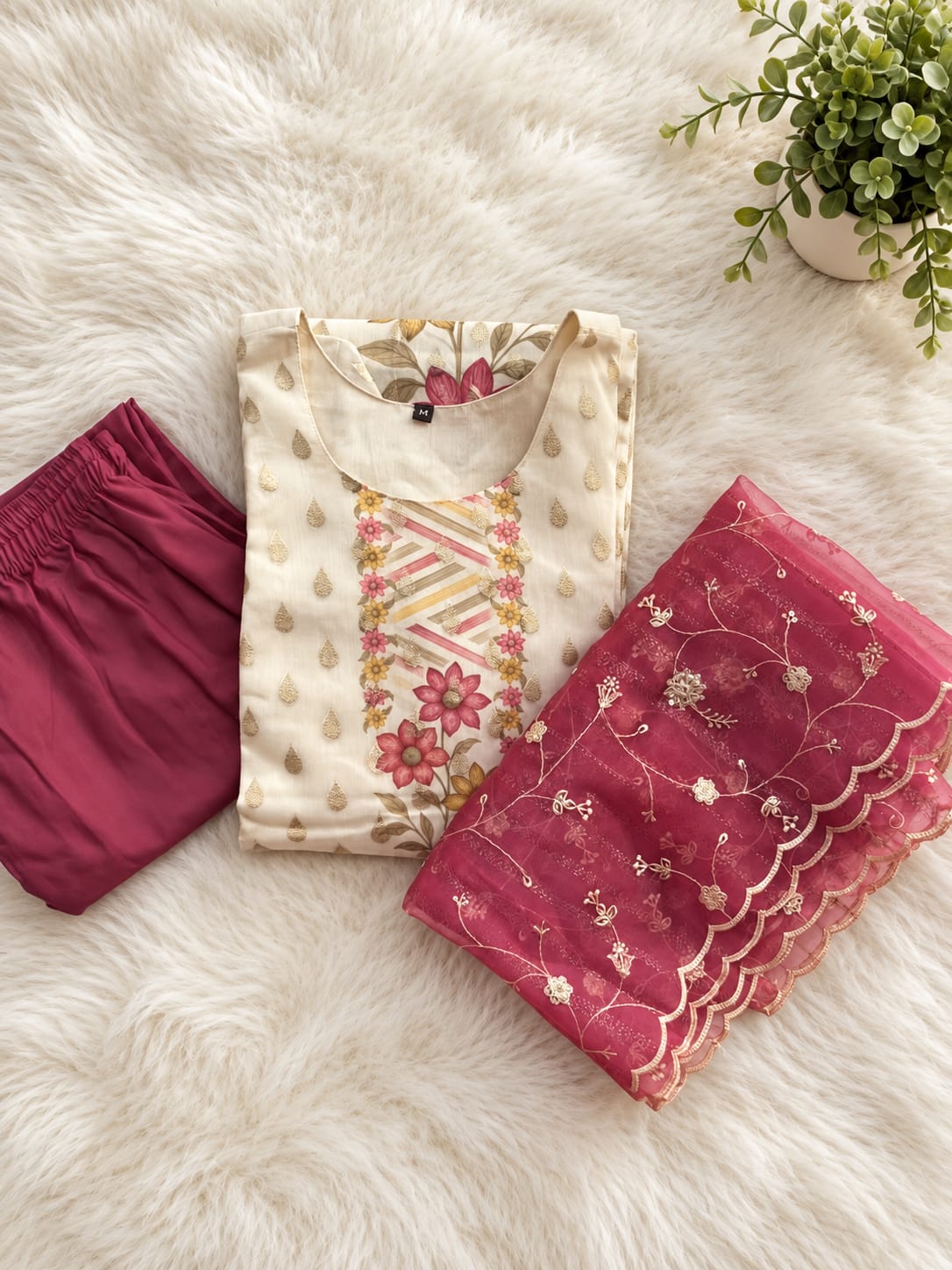 Kurti Set with Floral Embroidery With Dupatta - View 2
