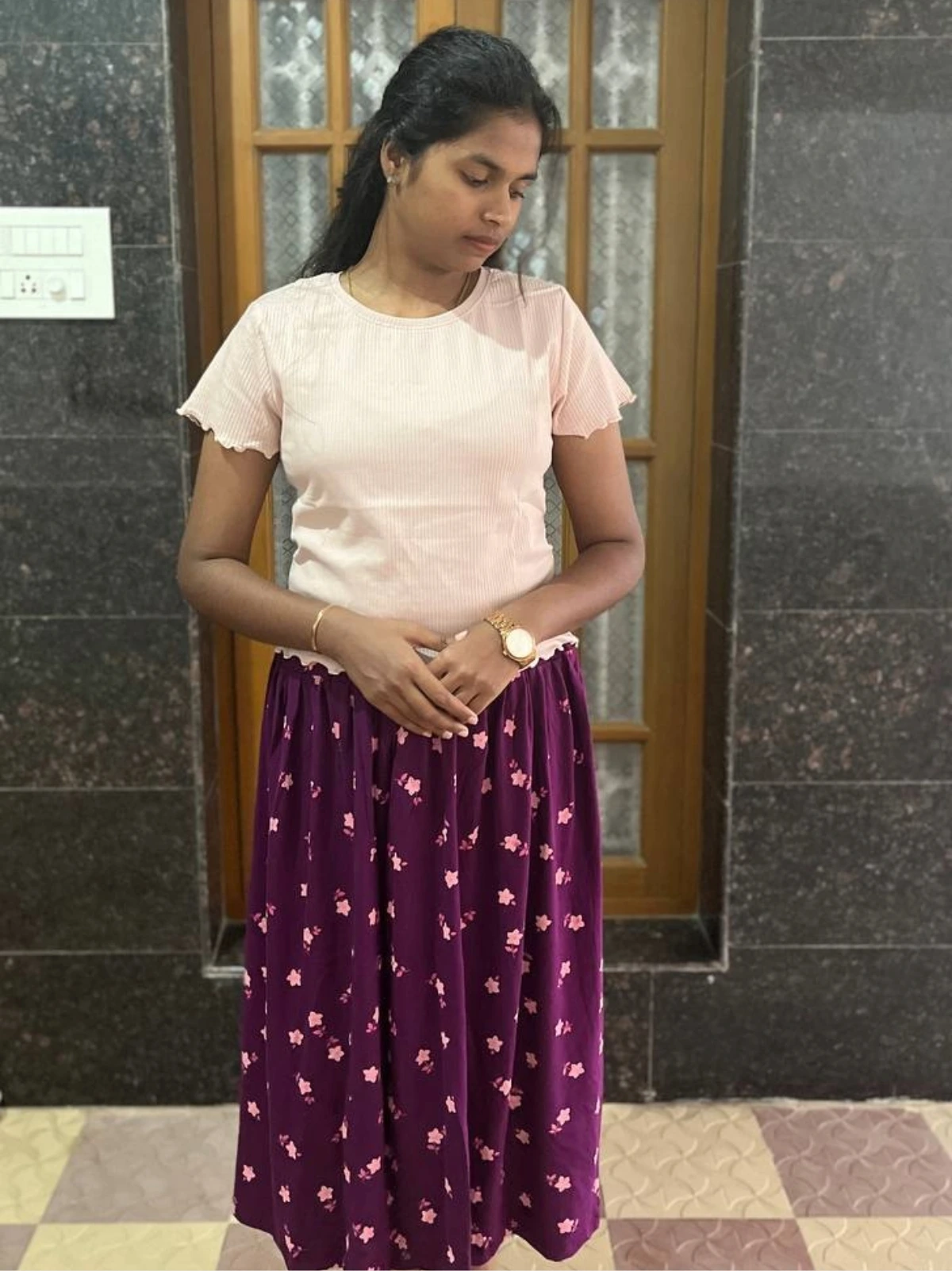 Light pink crop top and skirt